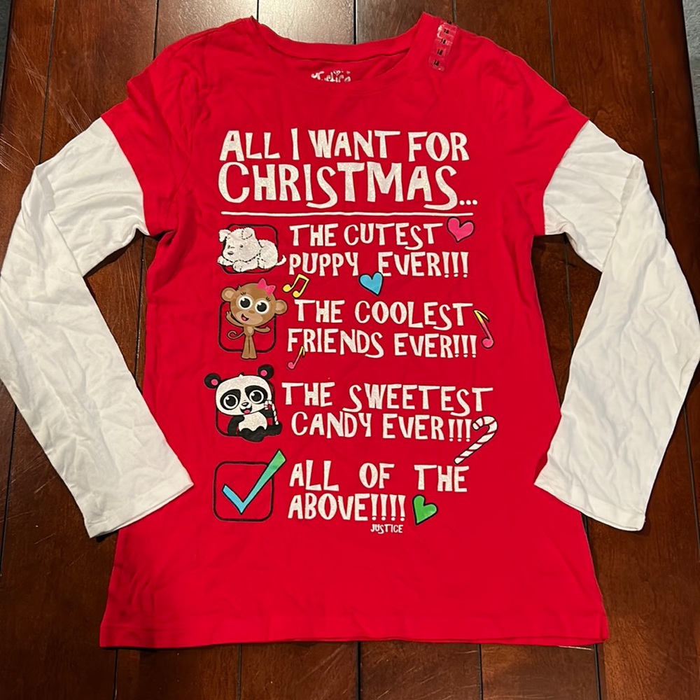NWT Justice All I want For Christmas Puppy Friends Candy Red White Top 18